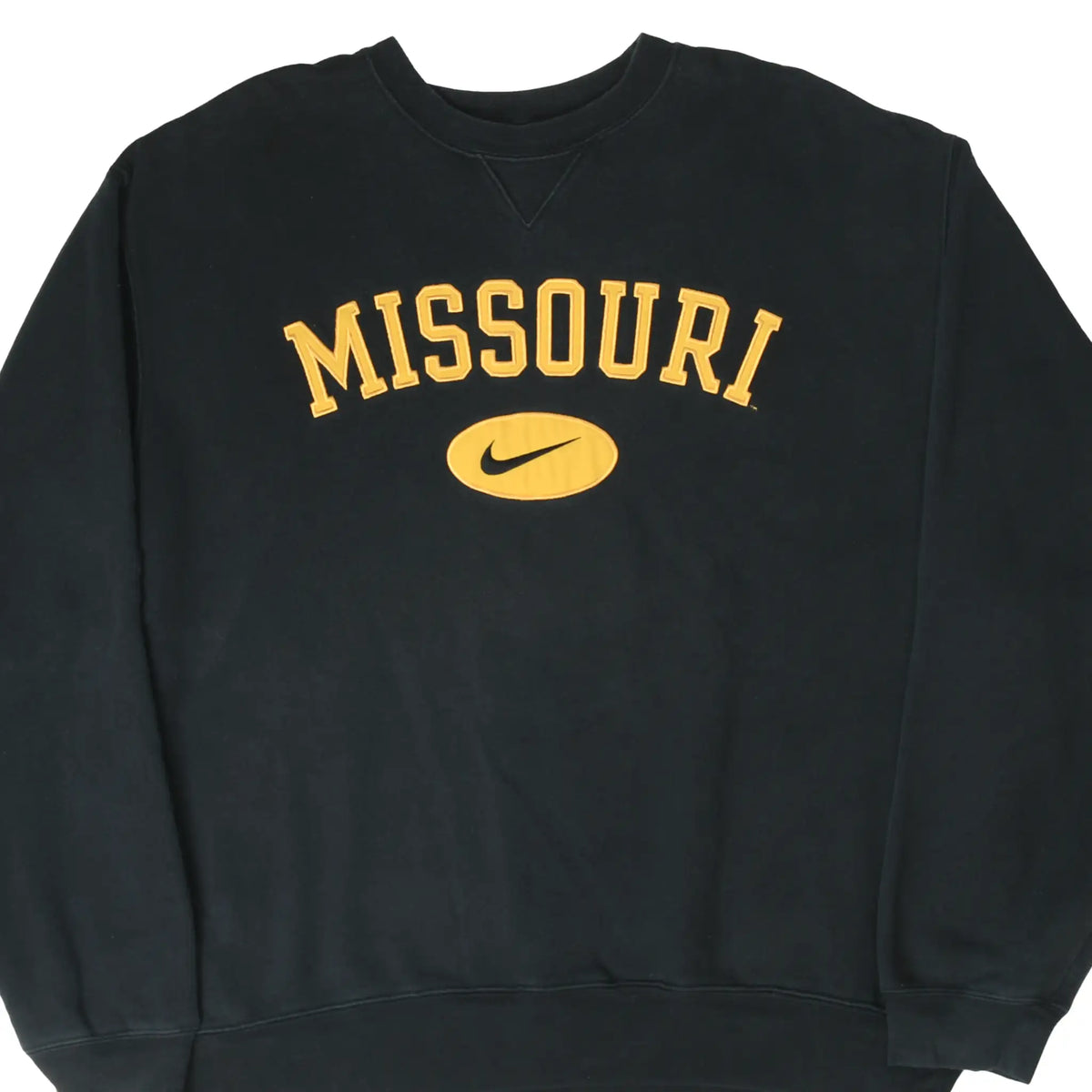 Front of black Nike Missouri Mizzou crewneck sweatshirt with gold lettering and Swoosh logo