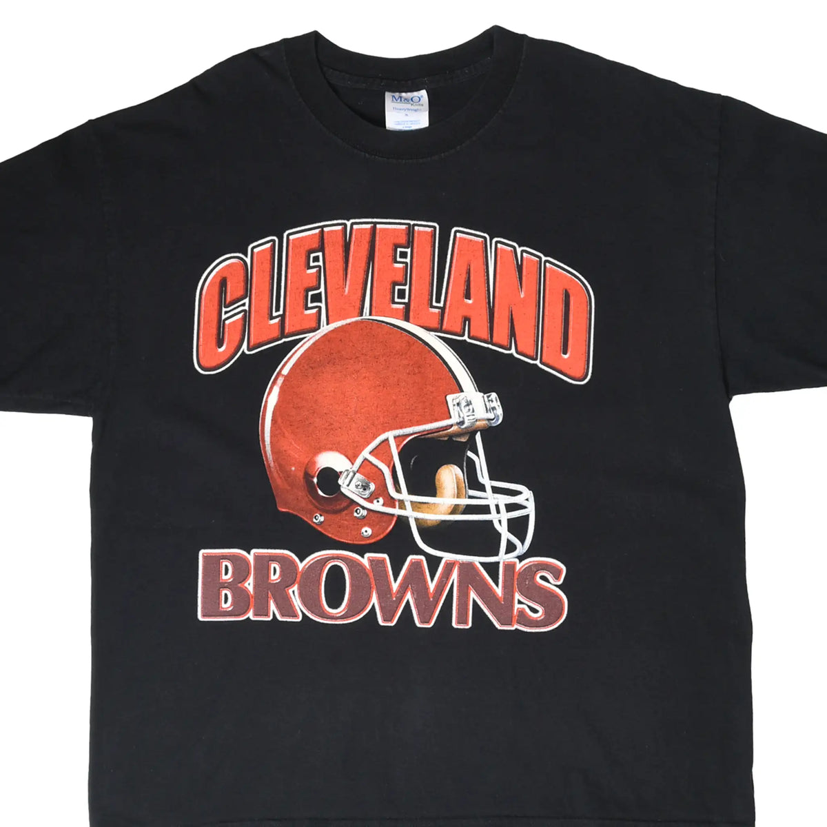 Front close-up of black Cleveland Browns T-shirt with orange helmet graphic and team name