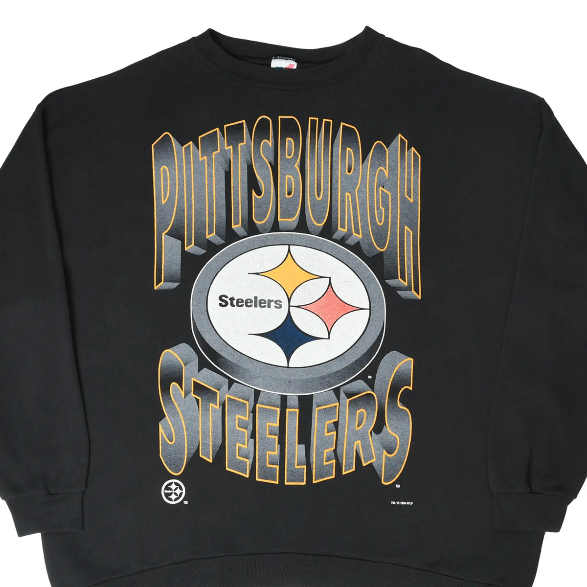 Front of black Pittsburgh Steelers sweatshirt with large team logo and gray and gold lettering