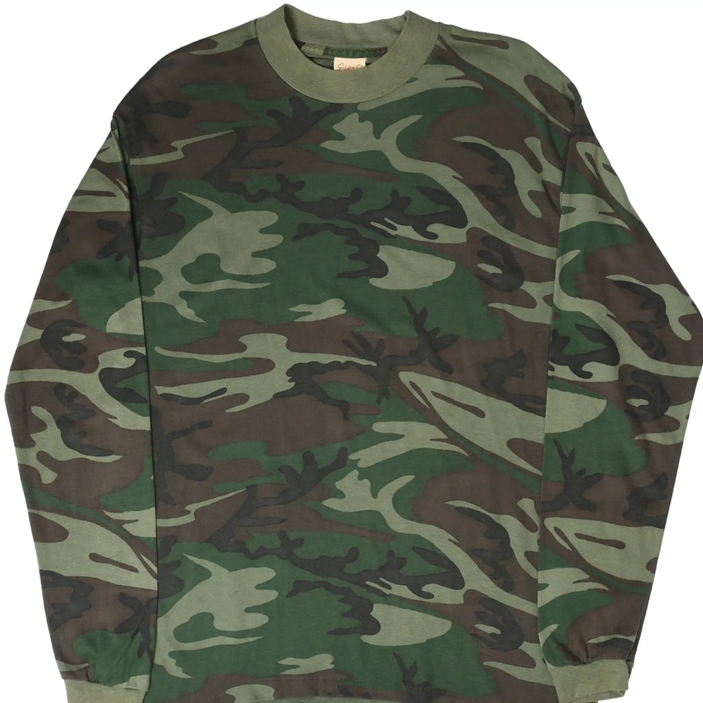 Front of woodland camouflage long-sleeve crewneck T-shirt in green, brown, and black