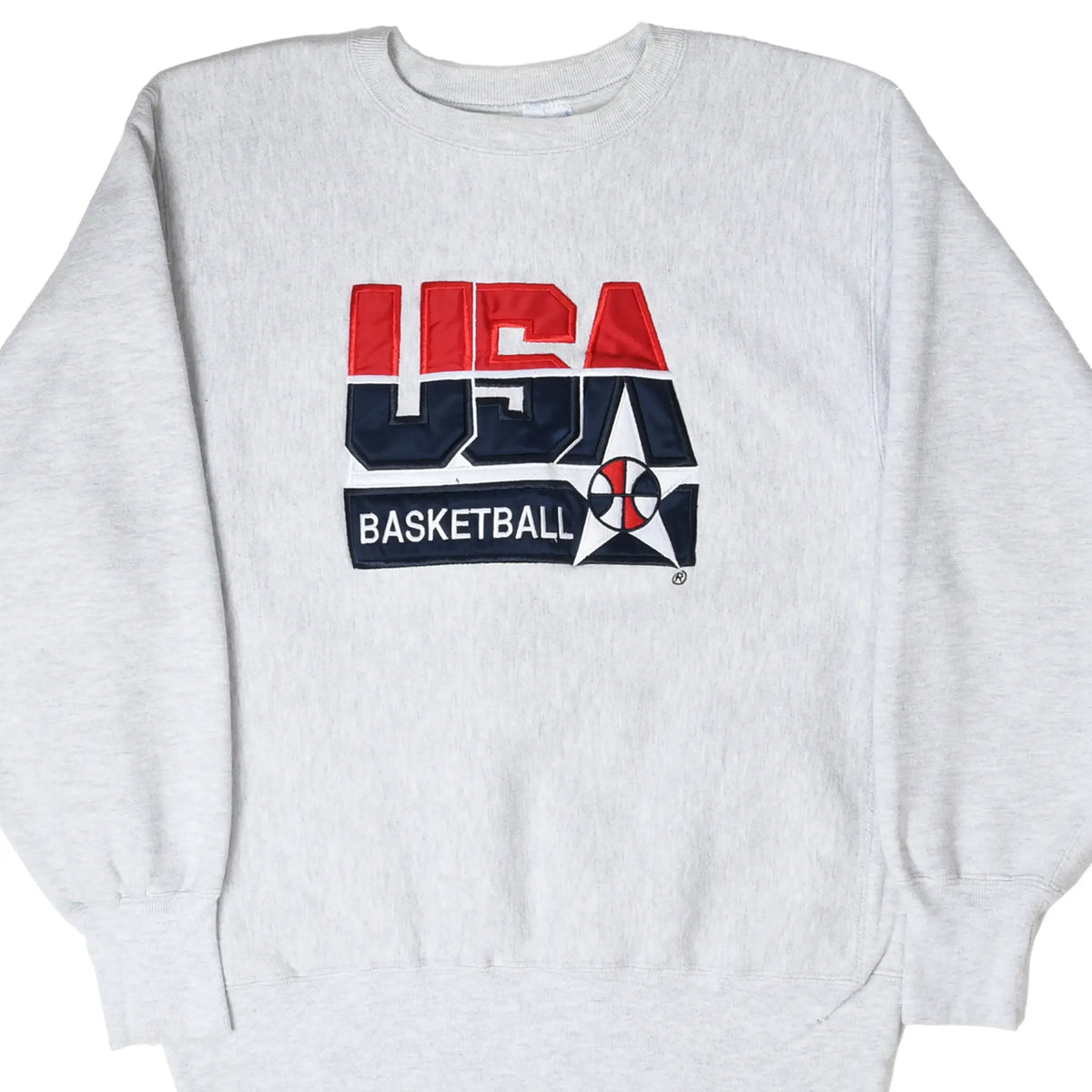 Front of gray Champion sweatshirt with red, navy, and white USA Basketball graphic