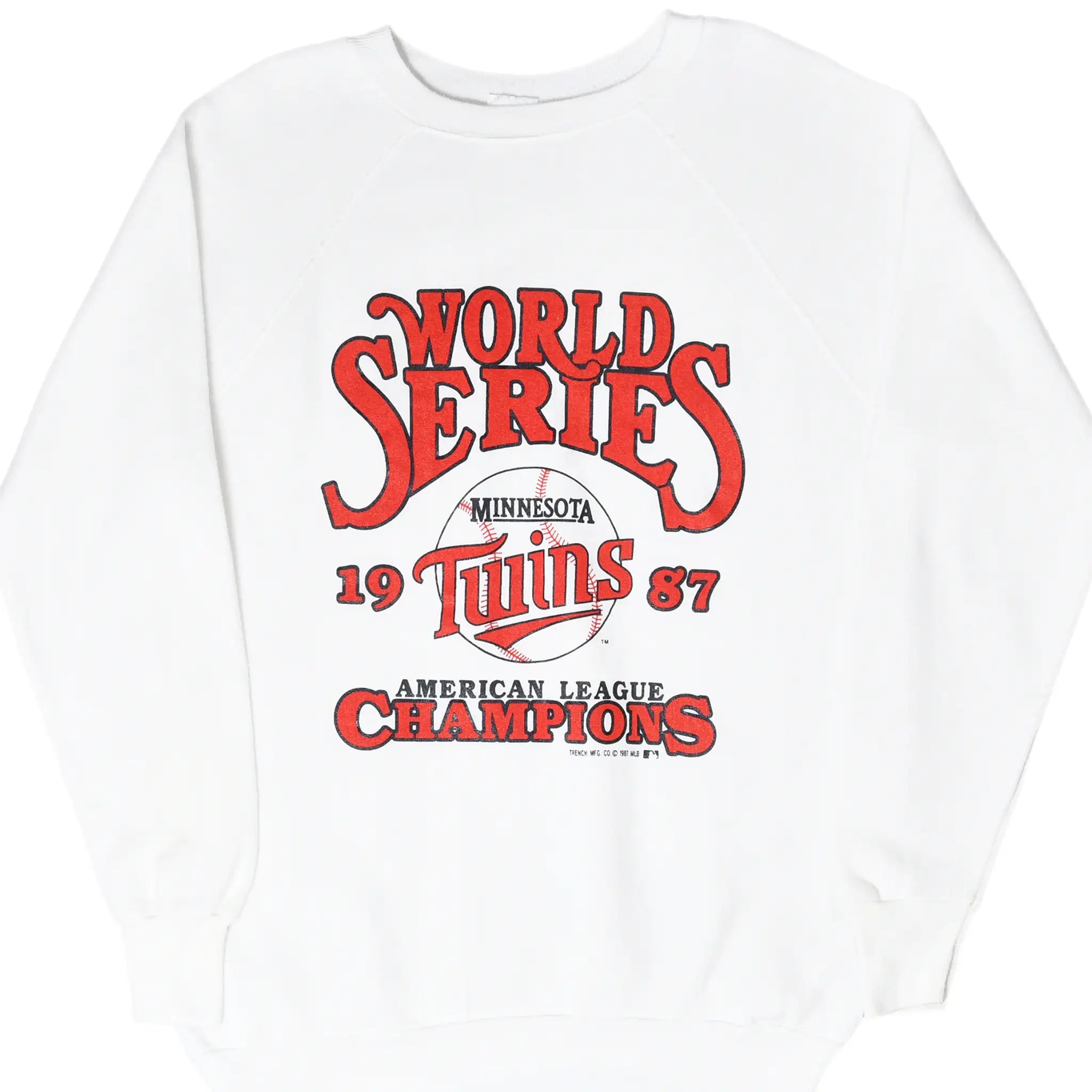 Front of white Minnesota Twins 1987 World Series American League Champions sweatshirt