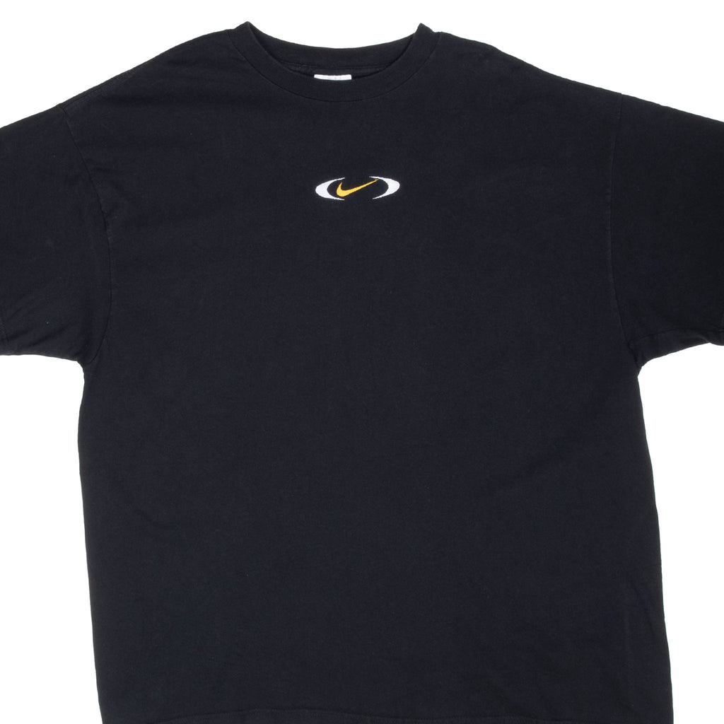 Front upper view of black Nike T-shirt with centered yellow Swoosh embroidery