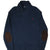 Front of navy Polo Ralph Lauren shawl collar sweater with red pony embroidery and brown elbow patches