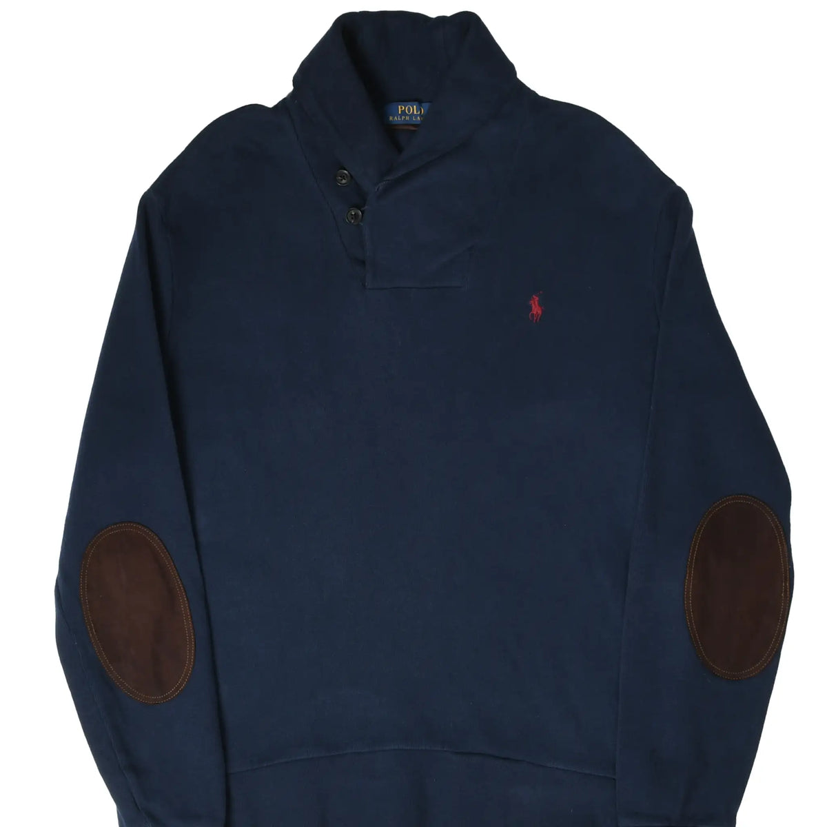 Front of navy Polo Ralph Lauren shawl collar sweater with red pony embroidery and brown elbow patches