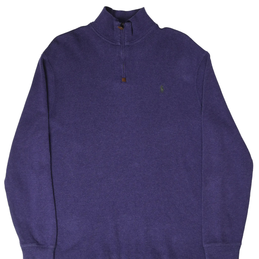 Front upper view of purple Polo Ralph Lauren quarter-zip sweater with embroidered pony logo