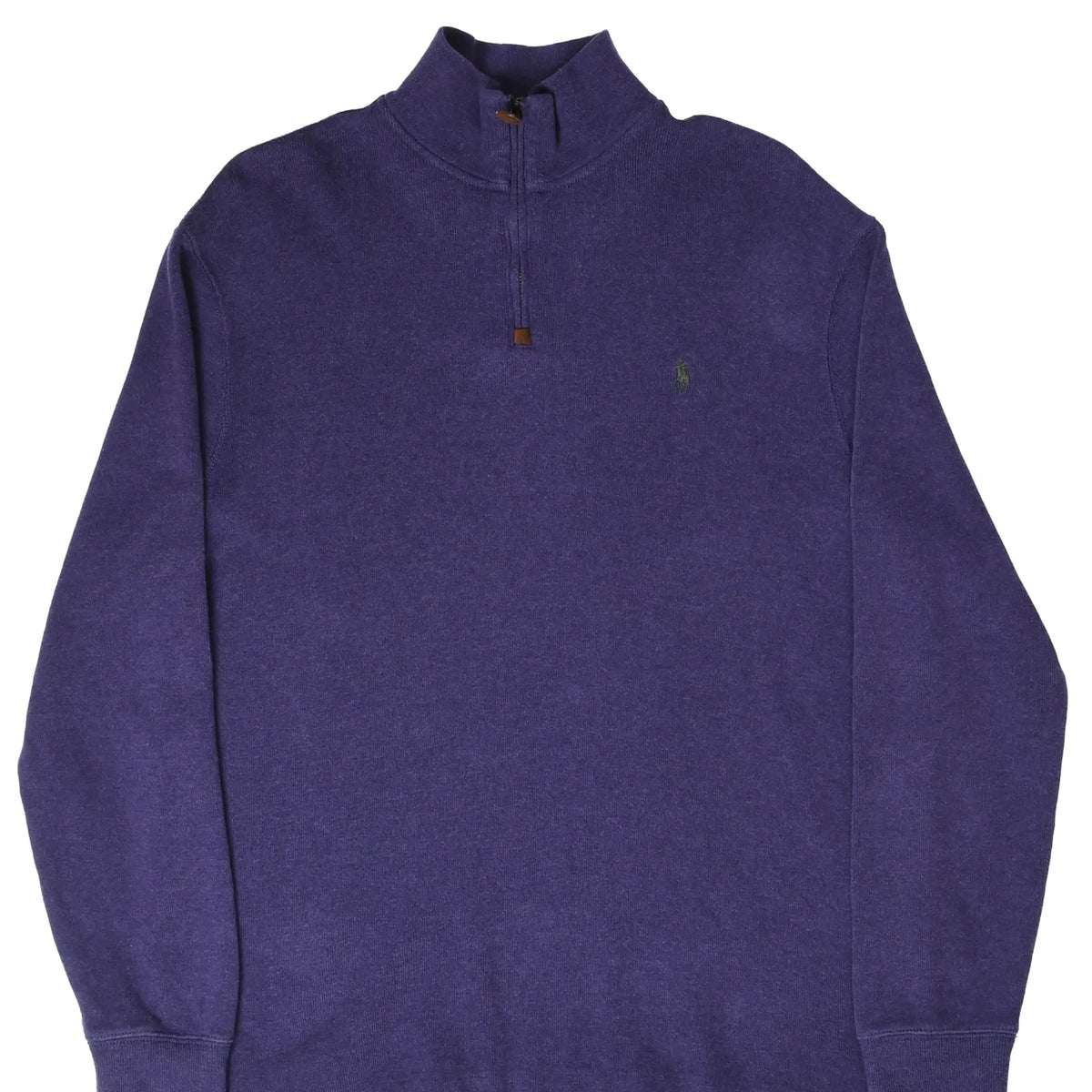 Front upper view of purple Polo Ralph Lauren quarter-zip sweater with embroidered pony logo