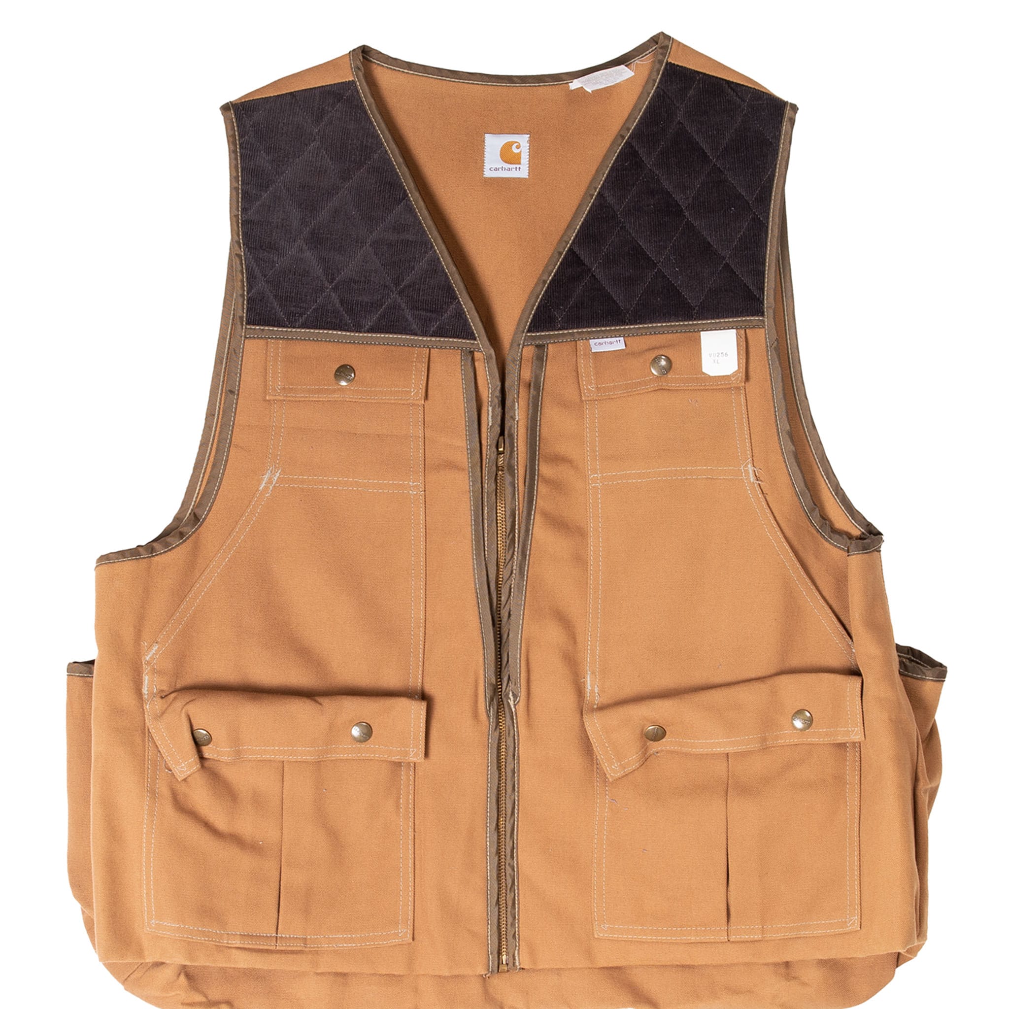 Front of brown Carhartt VU256 hunter vest with quilted shoulders, zipper and snap-flap pockets