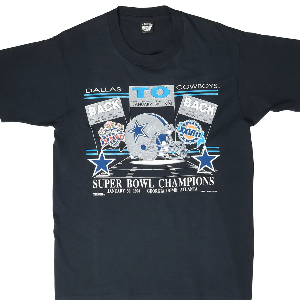Front of black Dallas Cowboys Super Bowl champions T-shirt with helmet and back-to-back graphic