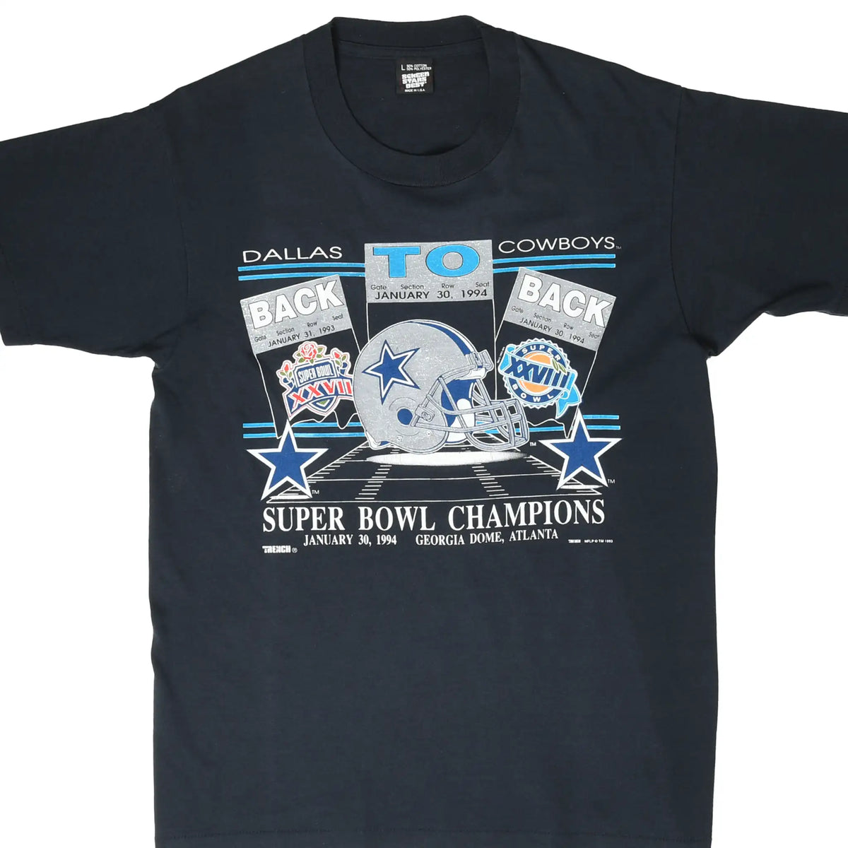 Front of black Dallas Cowboys Super Bowl champions T-shirt with helmet and back-to-back graphic