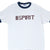 Cropped front of white ringer T-shirt with navy trim and burgundy Alpha Phi Spirit print