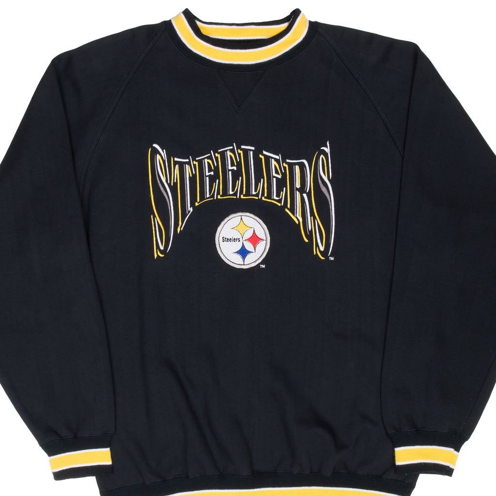 Front of black Pittsburgh Steelers sweatshirt with embroidered team name and logo