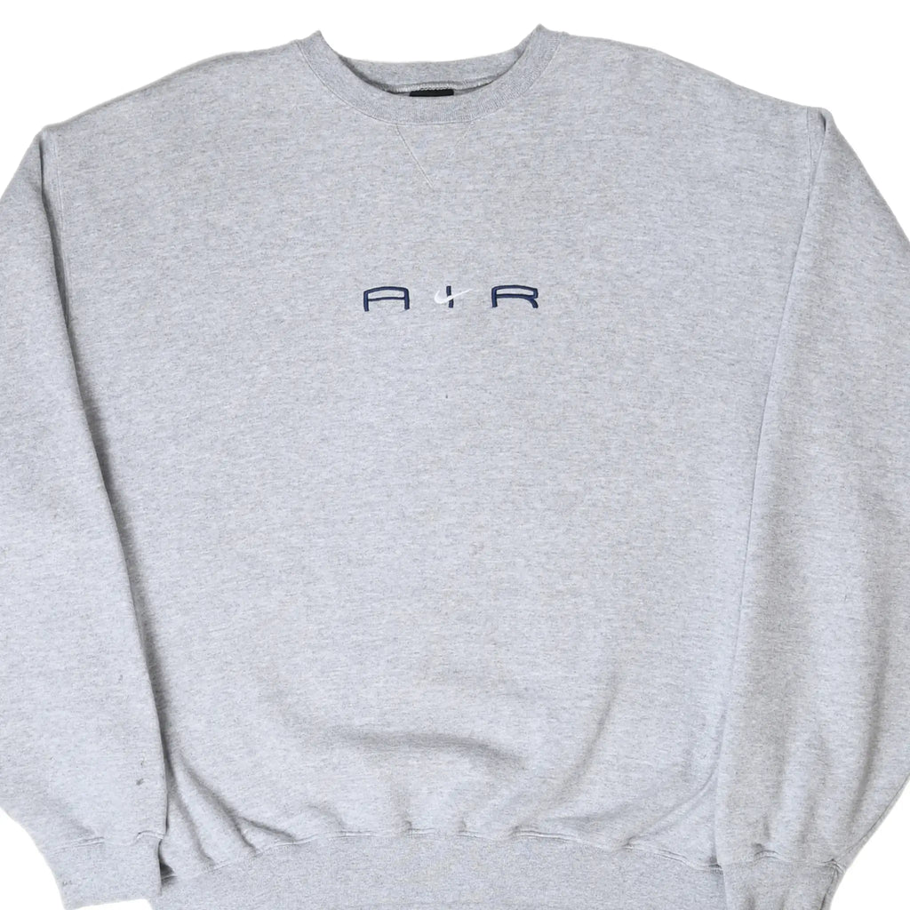 Front of grey Nike Air crewneck sweatshirt with navy lettering and white center Swoosh