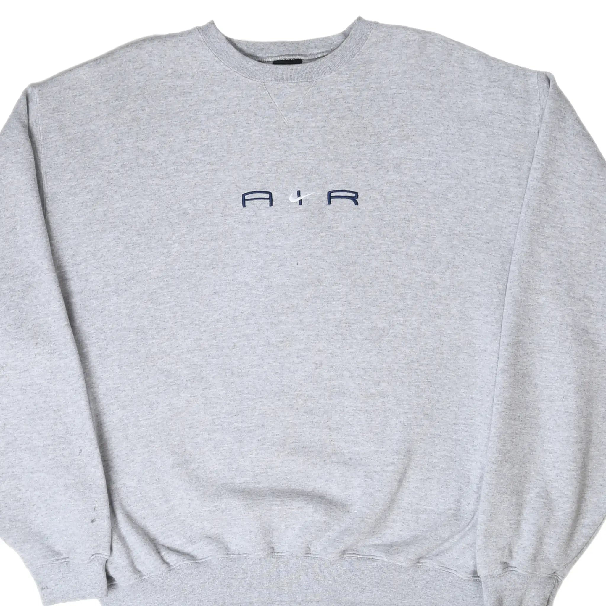 Front of grey Nike Air crewneck sweatshirt with navy lettering and white center Swoosh