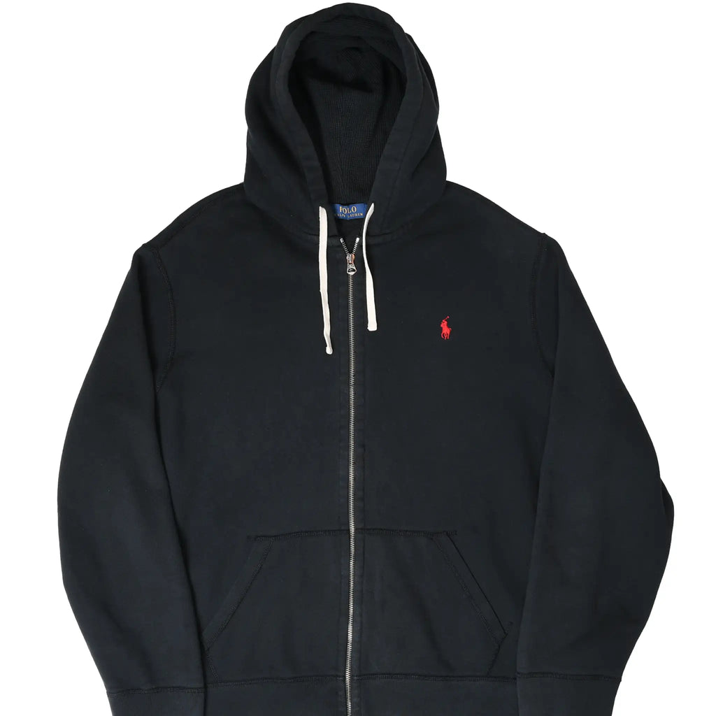 Front of black Polo Ralph Lauren full-zip hoodie with red pony embroidery