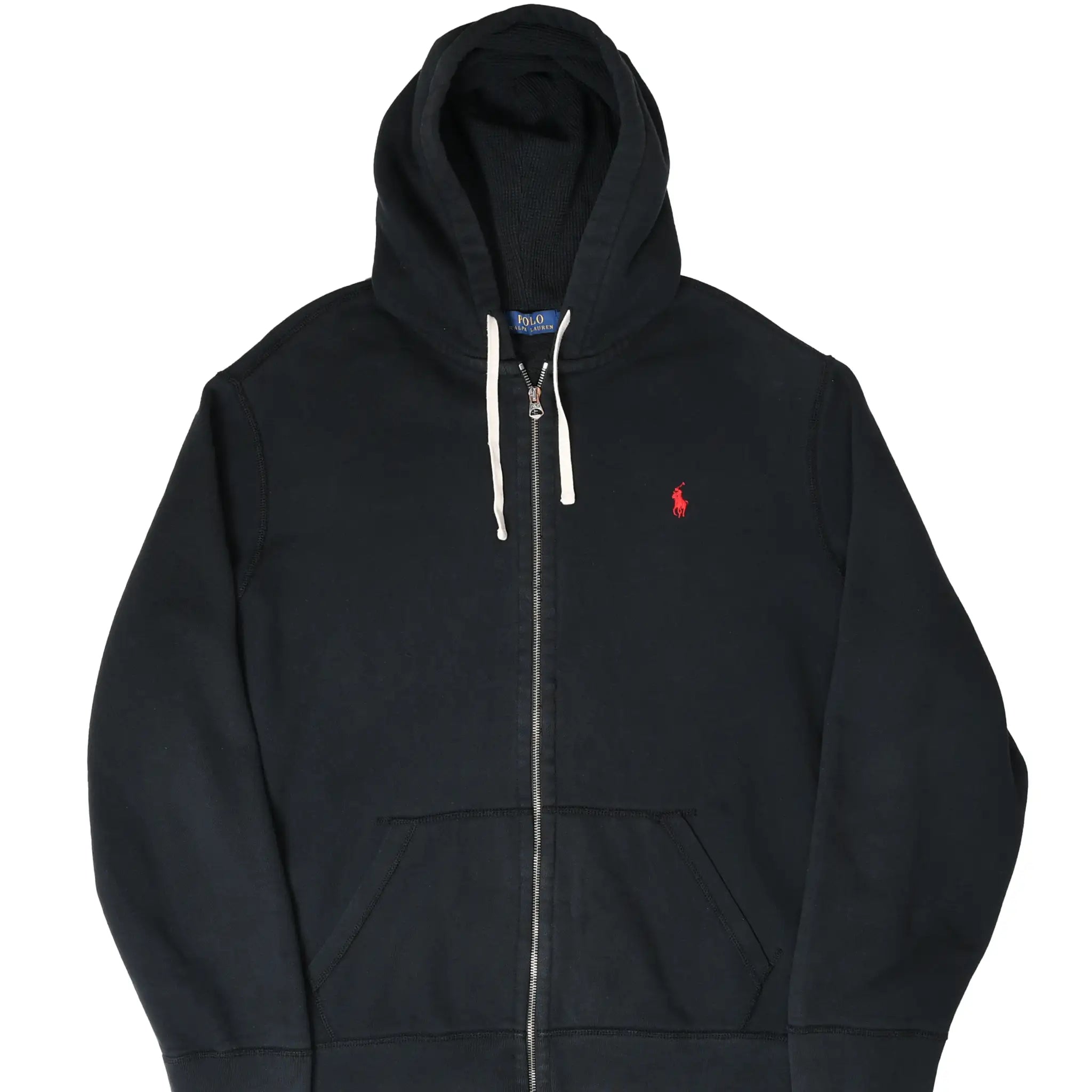 Front of black Polo Ralph Lauren full-zip hoodie with red pony embroidery