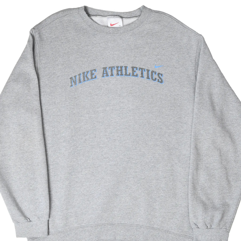 Front of grey Nike sweatshirt with blue Nike Athletics lettering and Swoosh