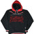 Front of black Chicago Blackhawks Starter hoodie with red double hood and embroidered script