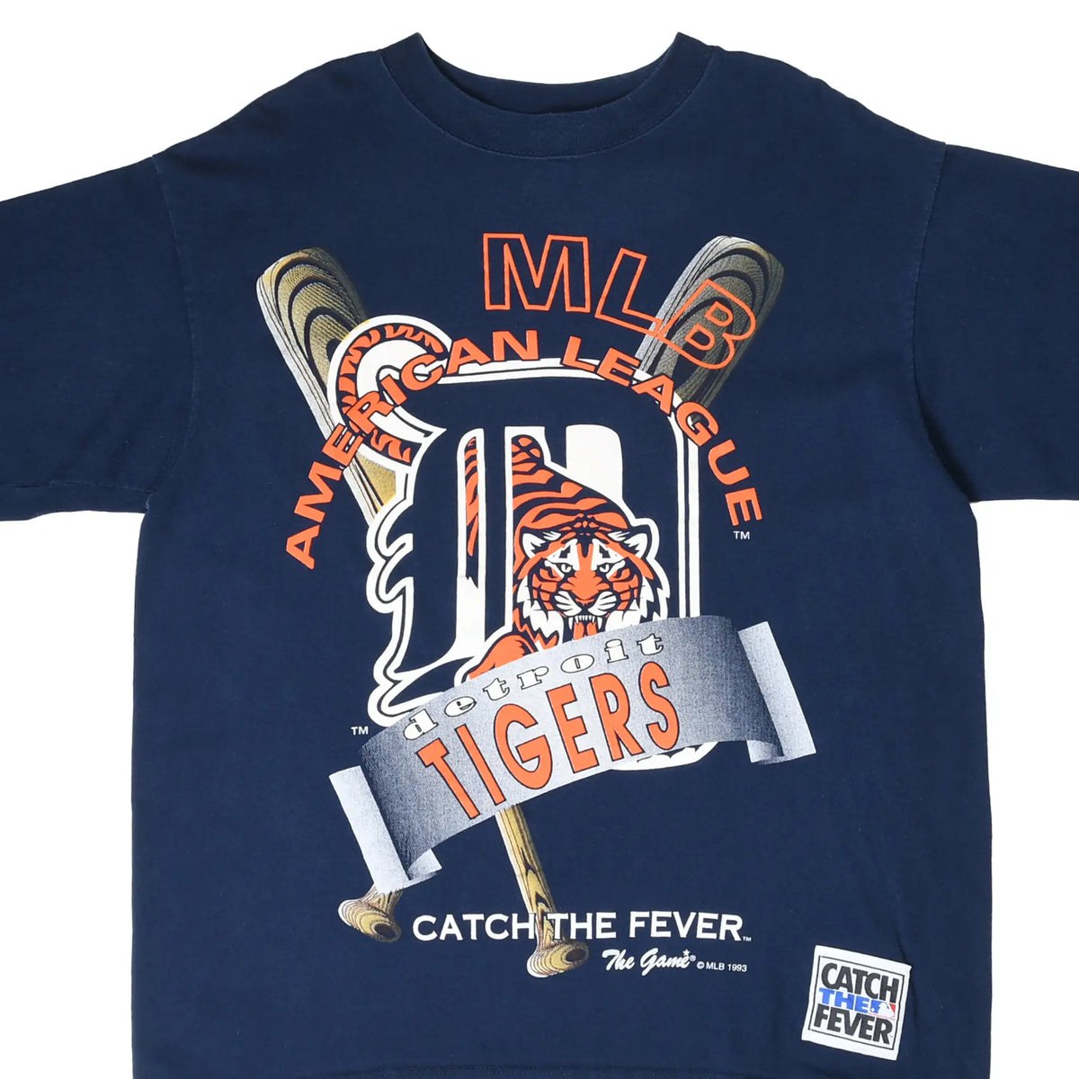 Front close-up of navy Detroit Tigers MLB Catch the Fever graphic T-shirt