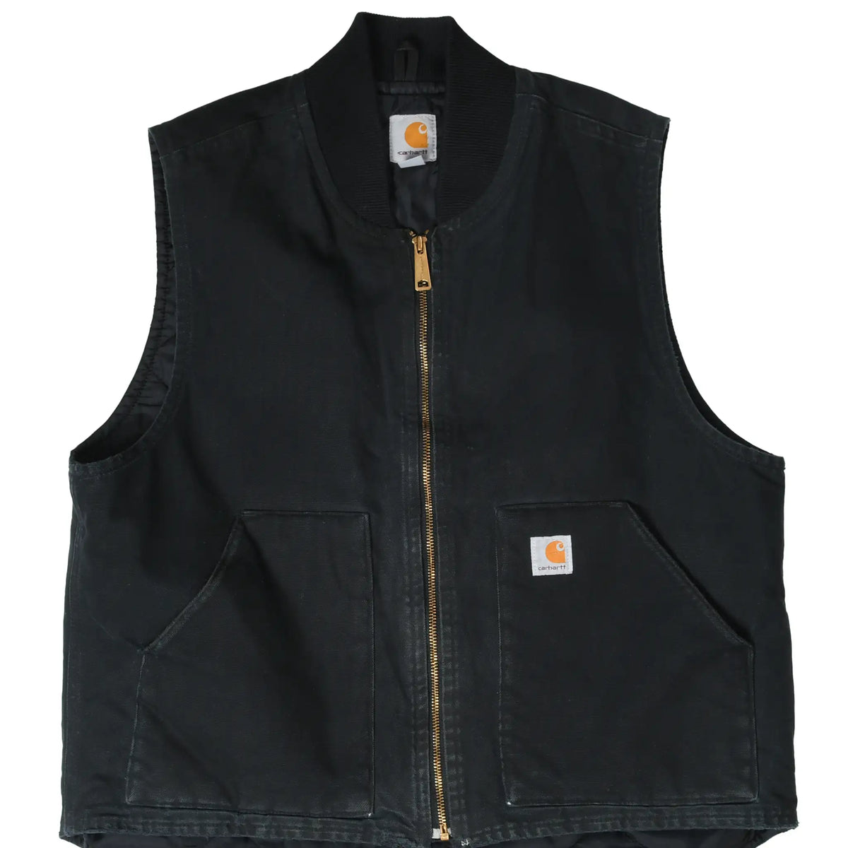 Front of black Carhartt V01BLK vest with brass zipper, rib-knit collar, and two patch pockets