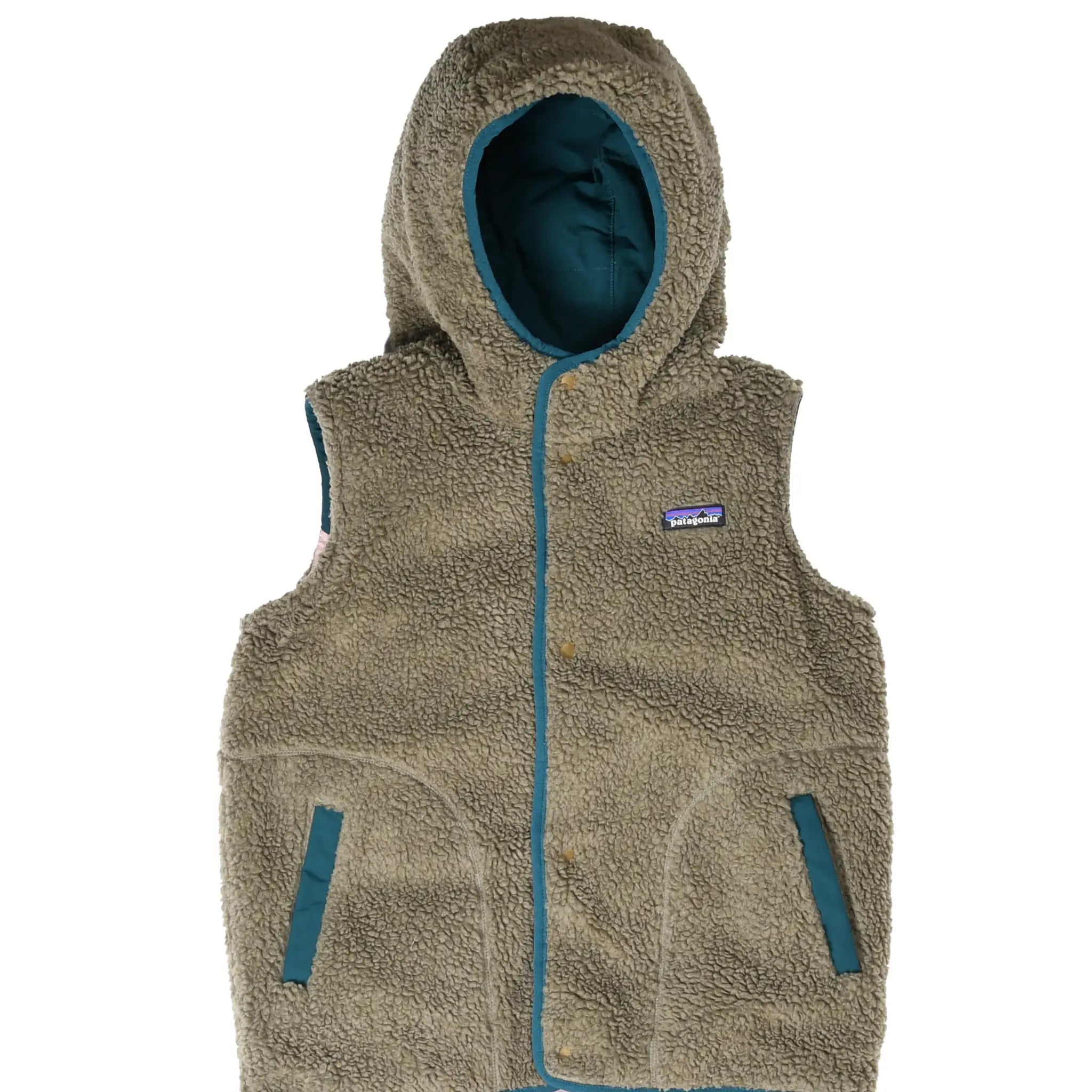 Front close view of Patagonia Bivy hooded vest reversed to olive fleece with teal trim