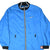 Front of blue Nike windbreaker jacket with white Swoosh, zip pockets, and black collar and cuffs