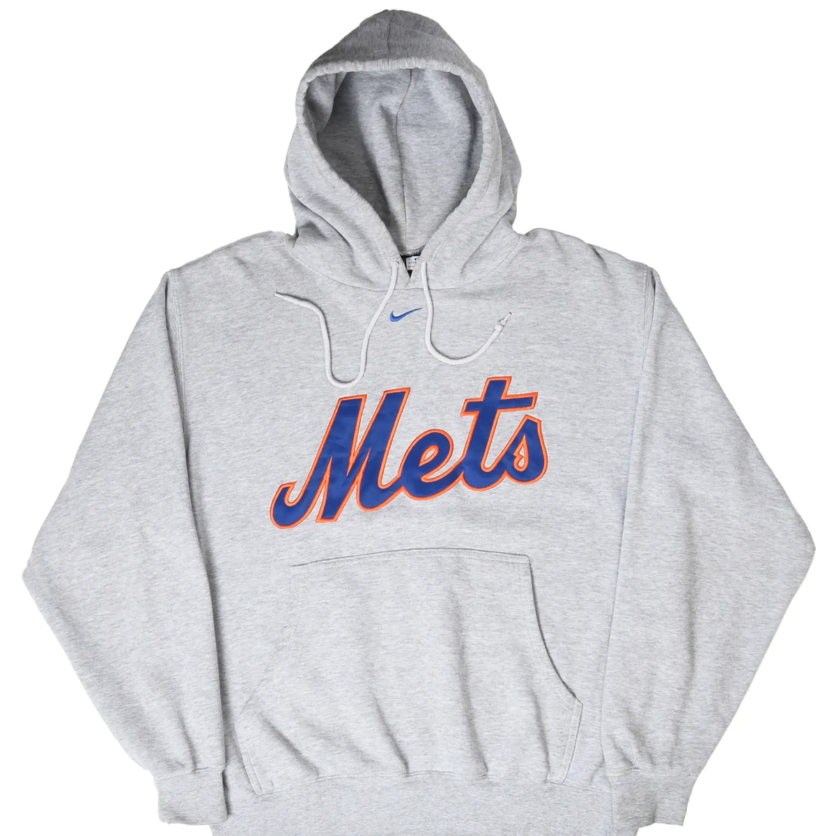 Front of gray Nike New York Mets hoodie with blue and orange embroidered script logo