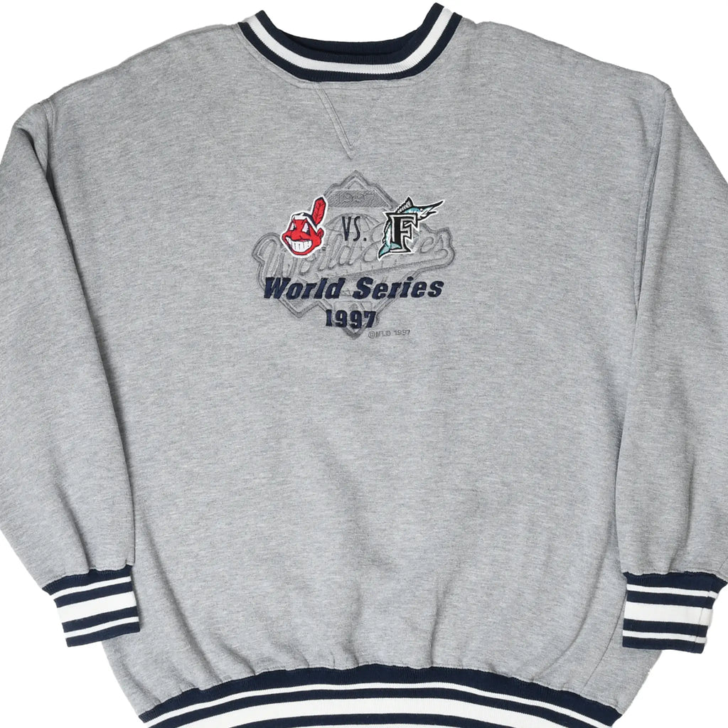 Front of gray 1997 World Series sweatshirt with Cleveland Indians and Florida Marlins embroidery