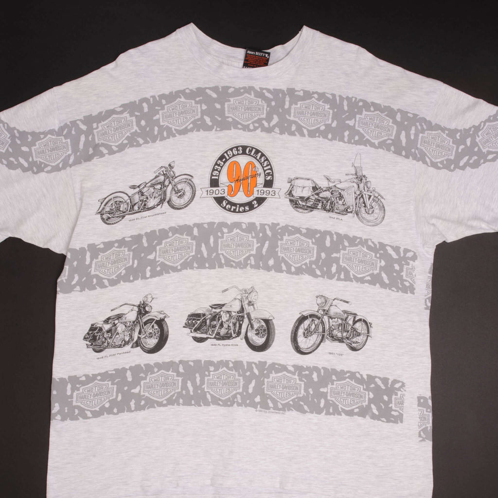 Vintage All Over Print 90th Anniversary Harley Davidson Tee Shirt 1993 Size 2XL Made In USA With Single Stitch Sleeves