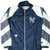 Front of navy and white New York Yankees zip-up windbreaker with striped mesh sleeve panels