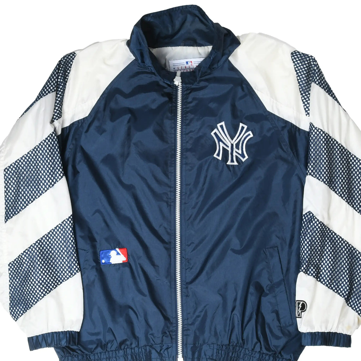 Front of navy and white New York Yankees zip-up windbreaker with striped mesh sleeve panels