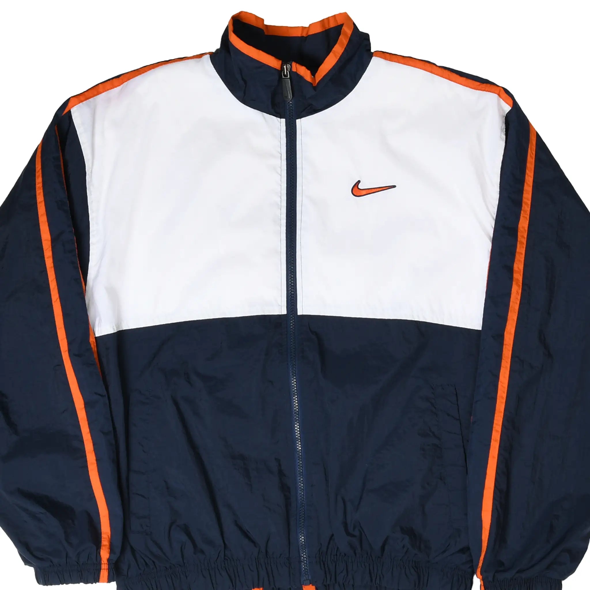 Front close-up of Nike windbreaker with navy, white and orange color blocking and embroidered Swoosh