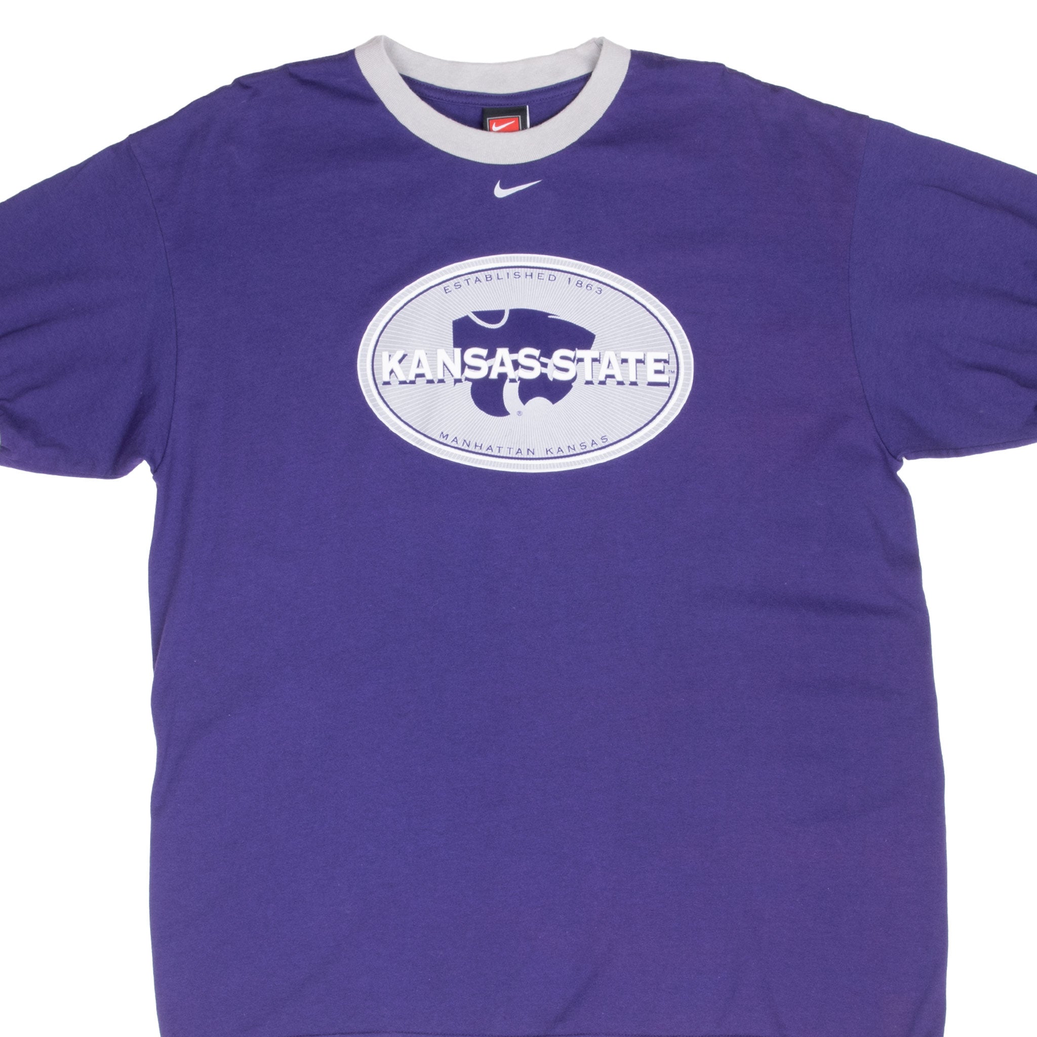 VINTAGE NCAA NIKE CENTER SWOOSH KANSAS STATE RINGER PURPLE TEE SHIRT 1990S LARGE