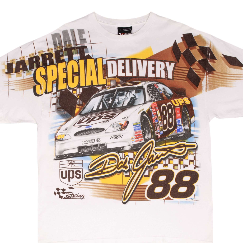 Vintage Nascar Dale Jarret Ups #88 Special Delivery All Over Print Early 2000S Tee Shirt Size Large
