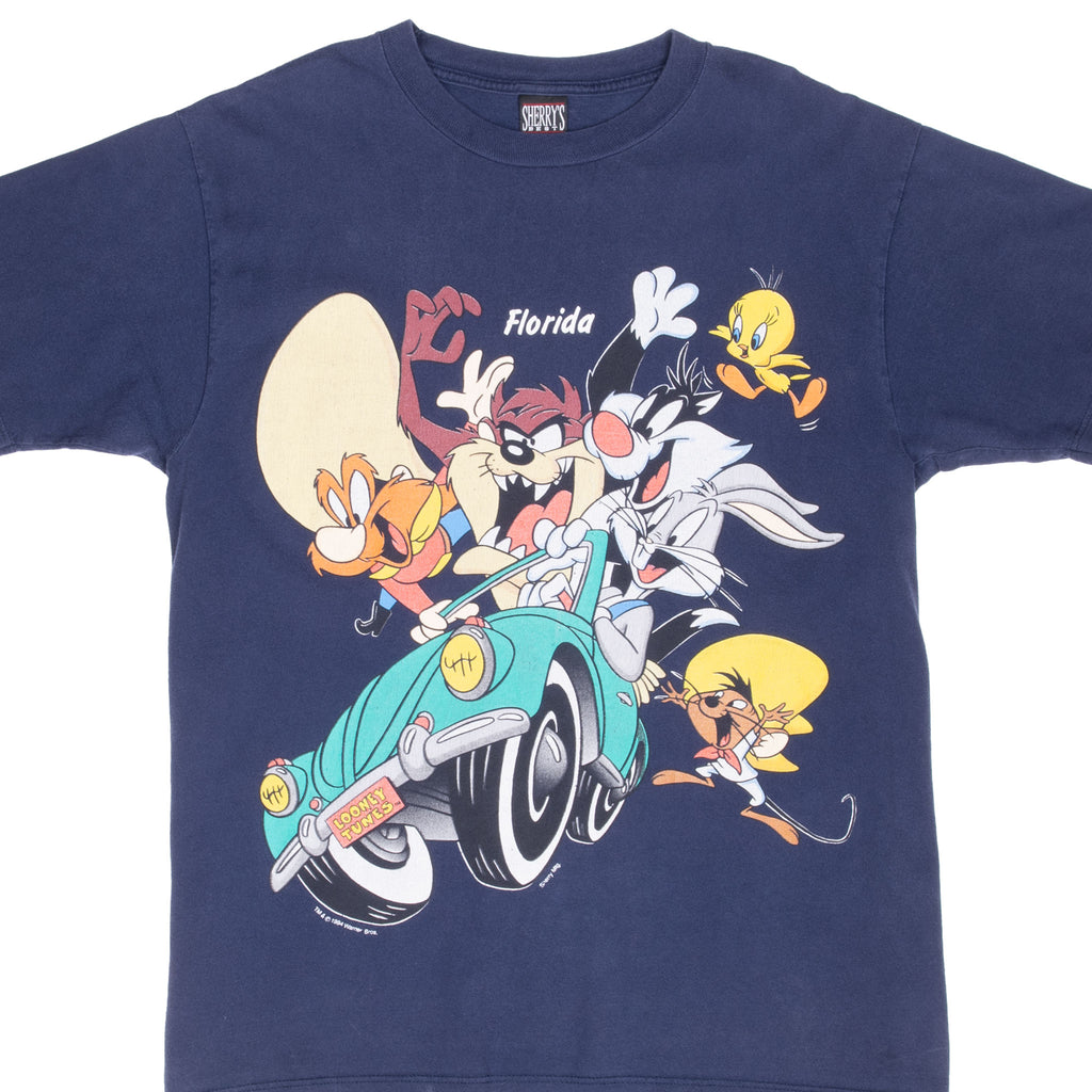 Front detail of navy Looney Tunes Florida tee with Bugs Bunny, Taz, Tweety and Yosemite Sam