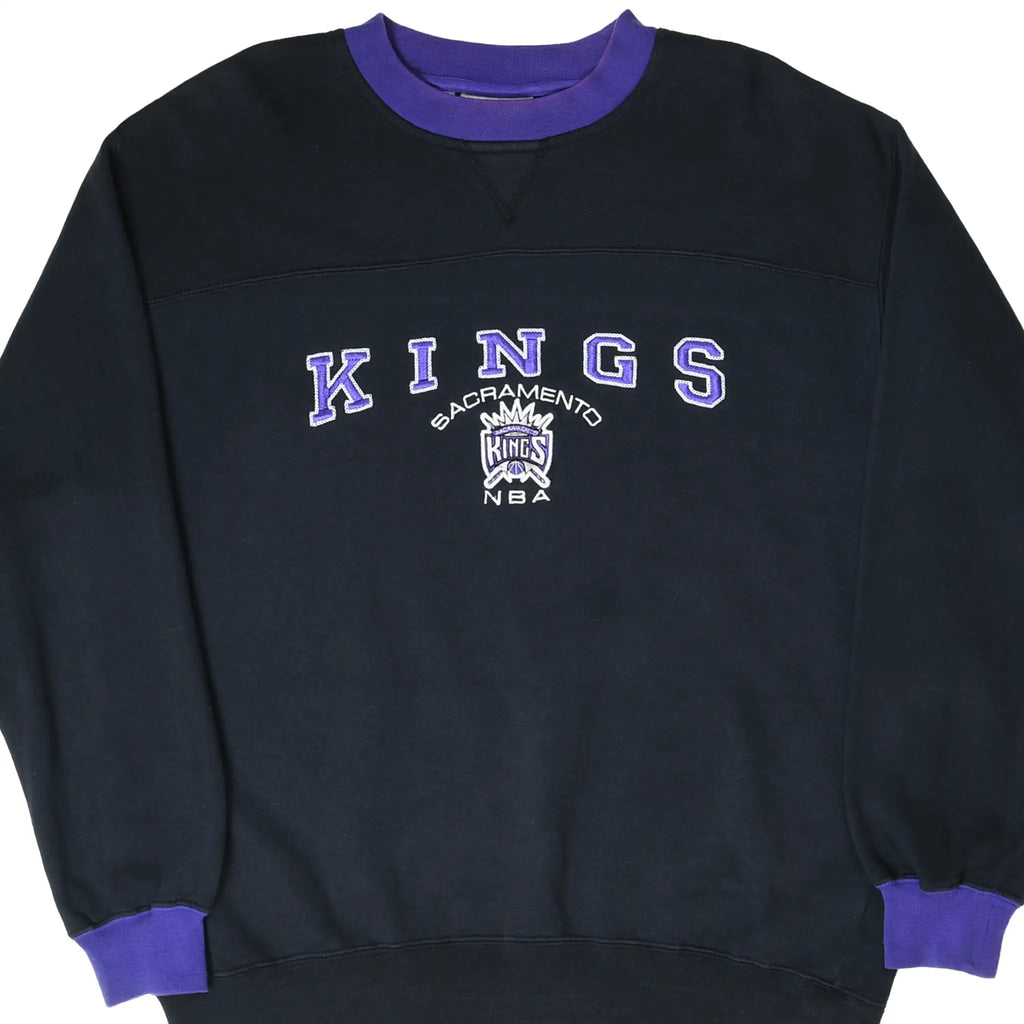 Front of black Sacramento Kings sweatshirt with purple collar, cuffs, and embroidered NBA logo