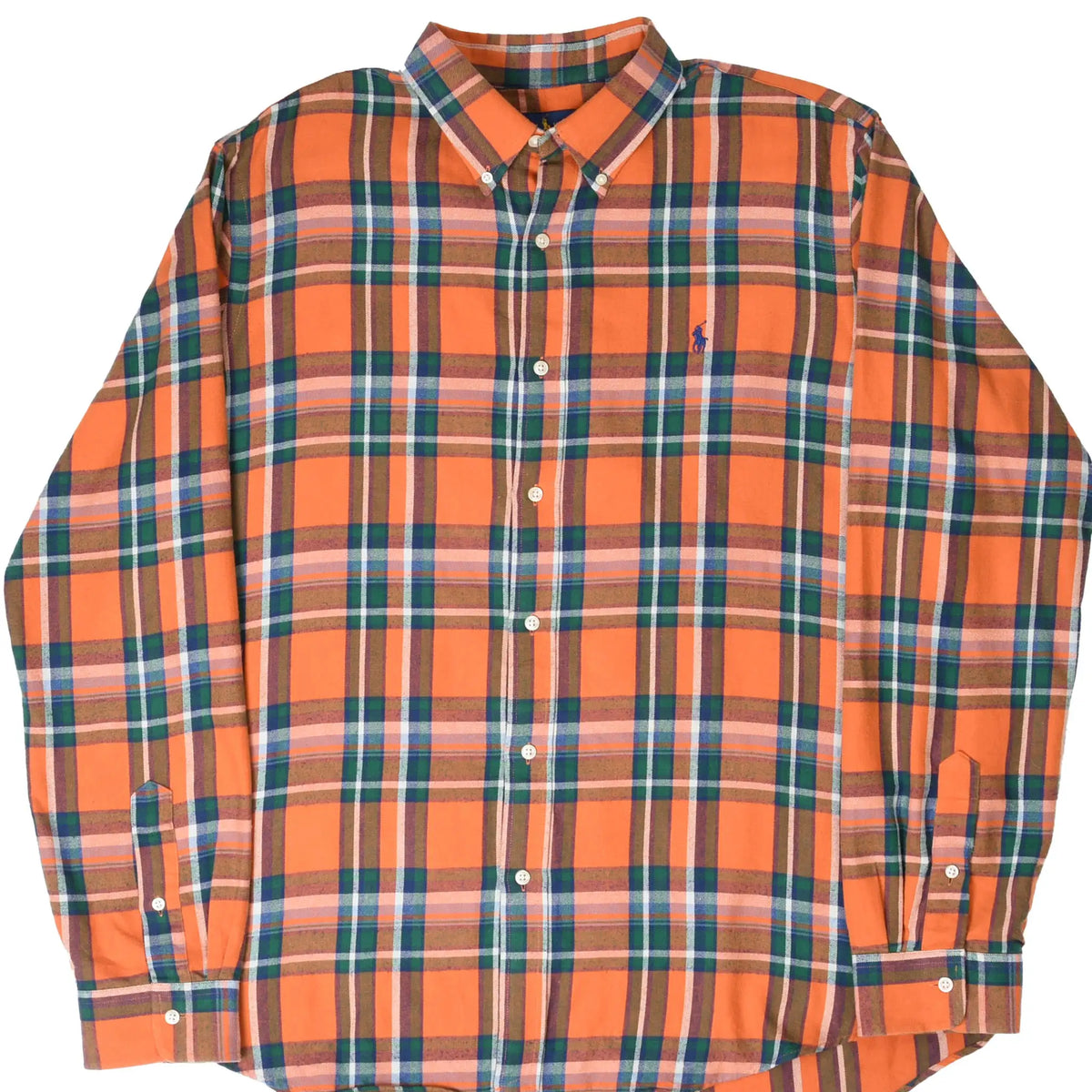 Front of Ralph Lauren orange plaid flannel shirt with button-down collar and embroidered pony