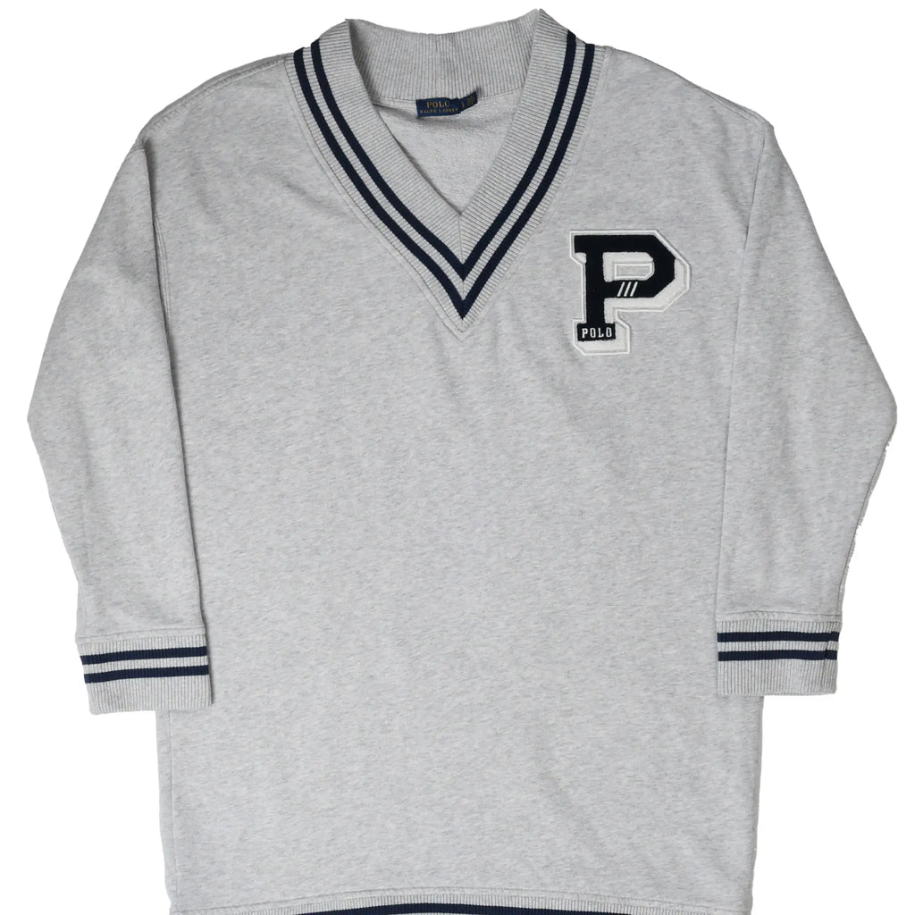 Front of grey Polo Ralph Lauren cricket sweater dress with striped V-neck and chenille P patch