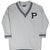 Front of grey Polo Ralph Lauren cricket sweater dress with striped V-neck and chenille P patch