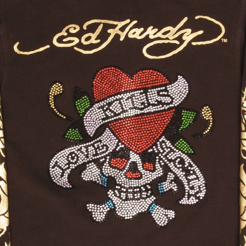 Vintage Ed Hardy Rhinestones Full Zip Hoodie Sweatshirt 2000S Size Women Large Made In USA