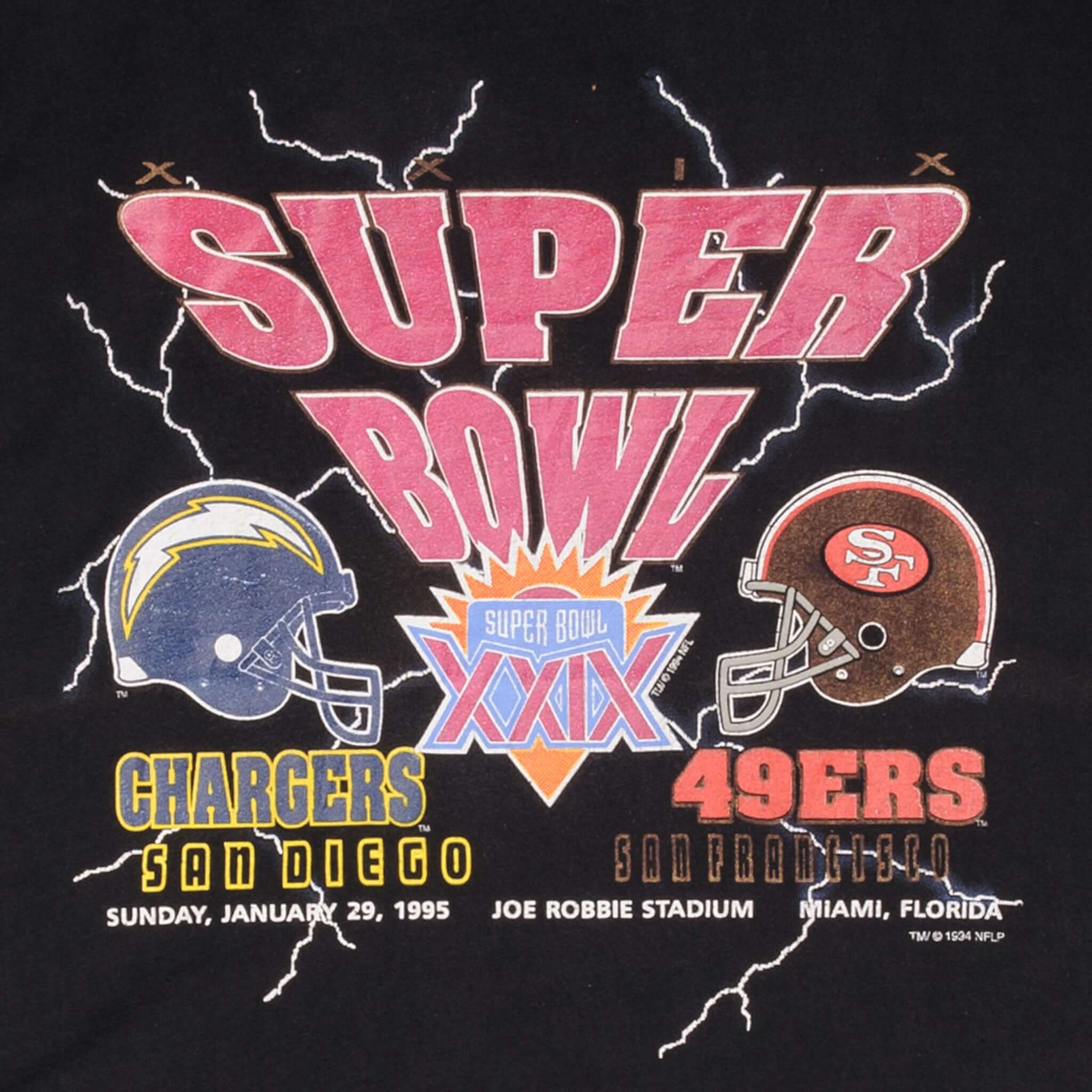 Vintage NFL San Diego Chargers Vs San Francisco 49ers Super Bowl XXIX 1995 1994 Tee Shirt Size XL Made In USA With Single Stitch Sleeves