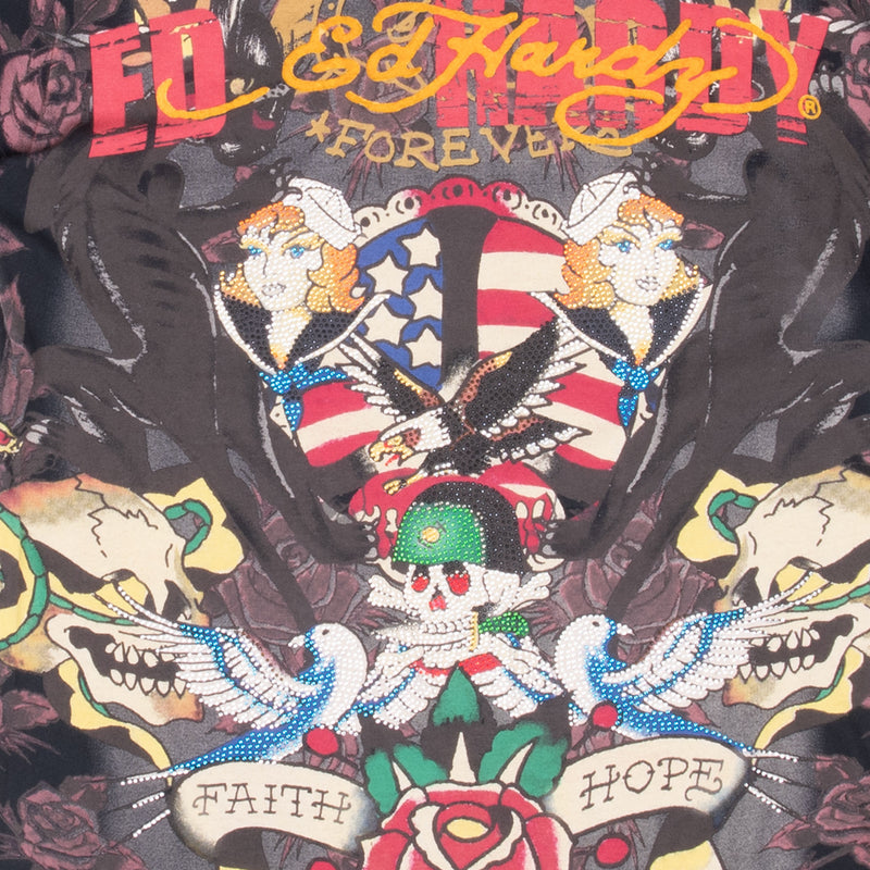 Vintage Ed Hardy All Over Print Rhine Stones Tee Shirt 2000S Medium