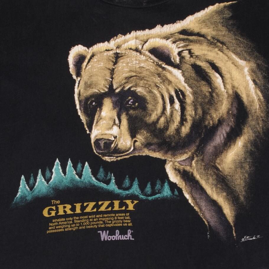 Vintage Grizzly Bear 1991 Animal Print Woolrich Tee Shirt Size XL Made In Usa With Single Stitch Sleeves