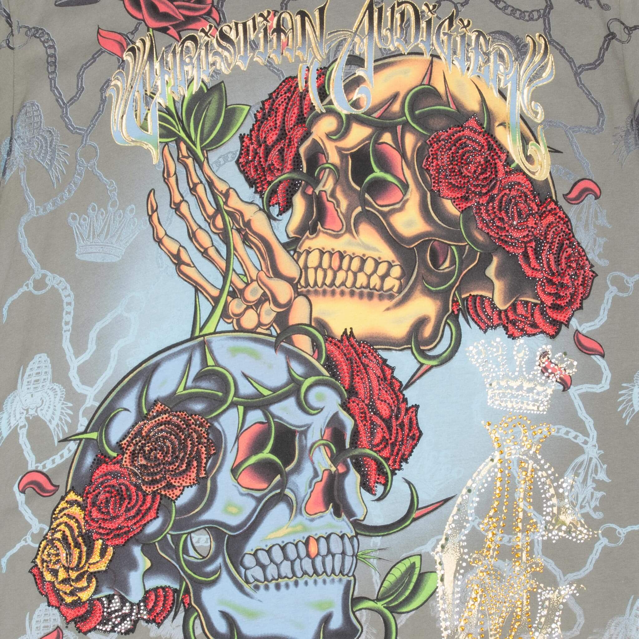 Vintage Christian Audigier Rhinestones Skull All Over Print Tee Shirt 2000S Size XL Made In Usa