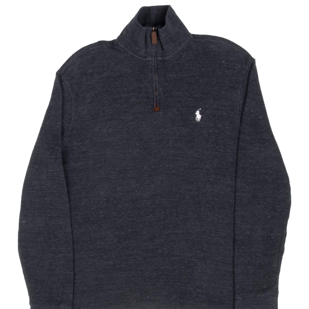 Front upper view of dark grey Polo Ralph Lauren quarter-zip sweater with white pony embroidery