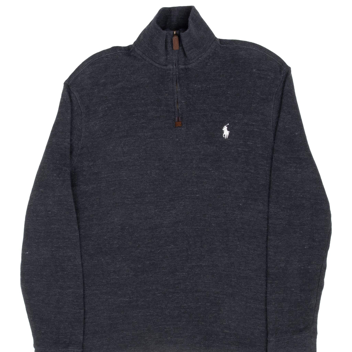 Front upper view of dark grey Polo Ralph Lauren quarter-zip sweater with white pony embroidery