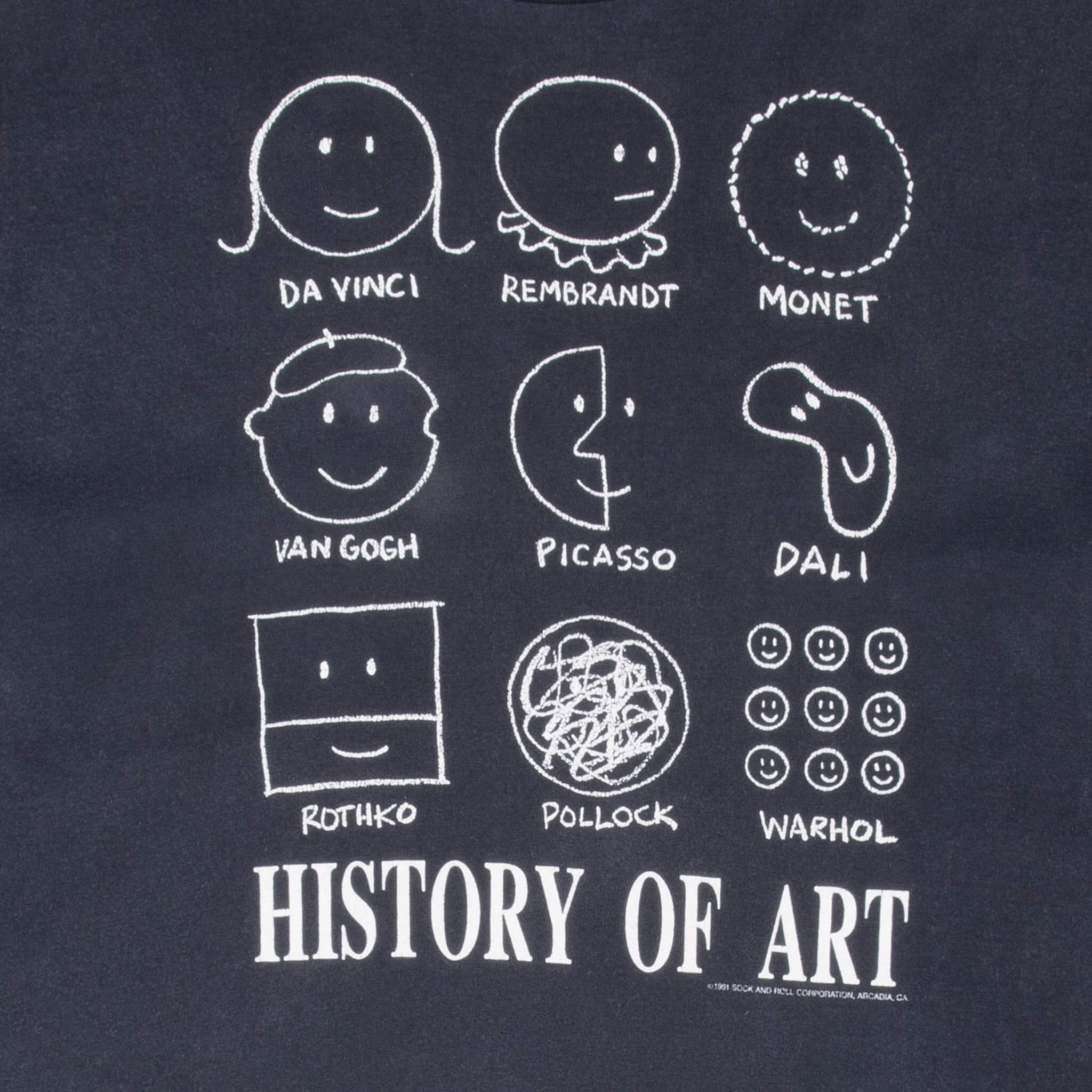Vintage History Of Art Picasso, Da vinci, Rembrandt, Monet, Van Gogh, Dali, Rothko, Pollock, Warholl Tee Shirt 1991 Size Large Made In Usa With Single Stitch Sleeves