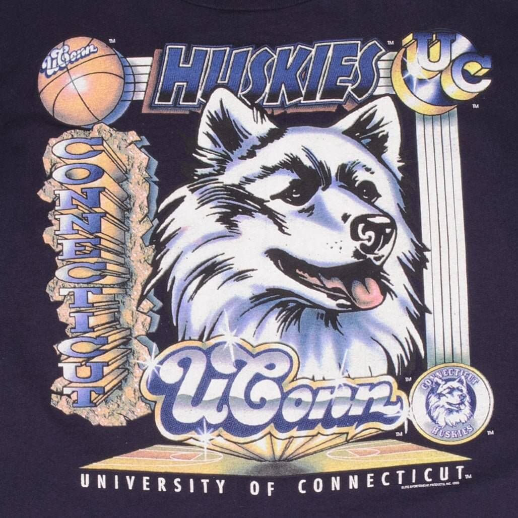 Vintage Ncaa Uconn Huskies Basketball 1995 Tee Shirt Size XL Made In Usa With Single Stitch Sleeves
