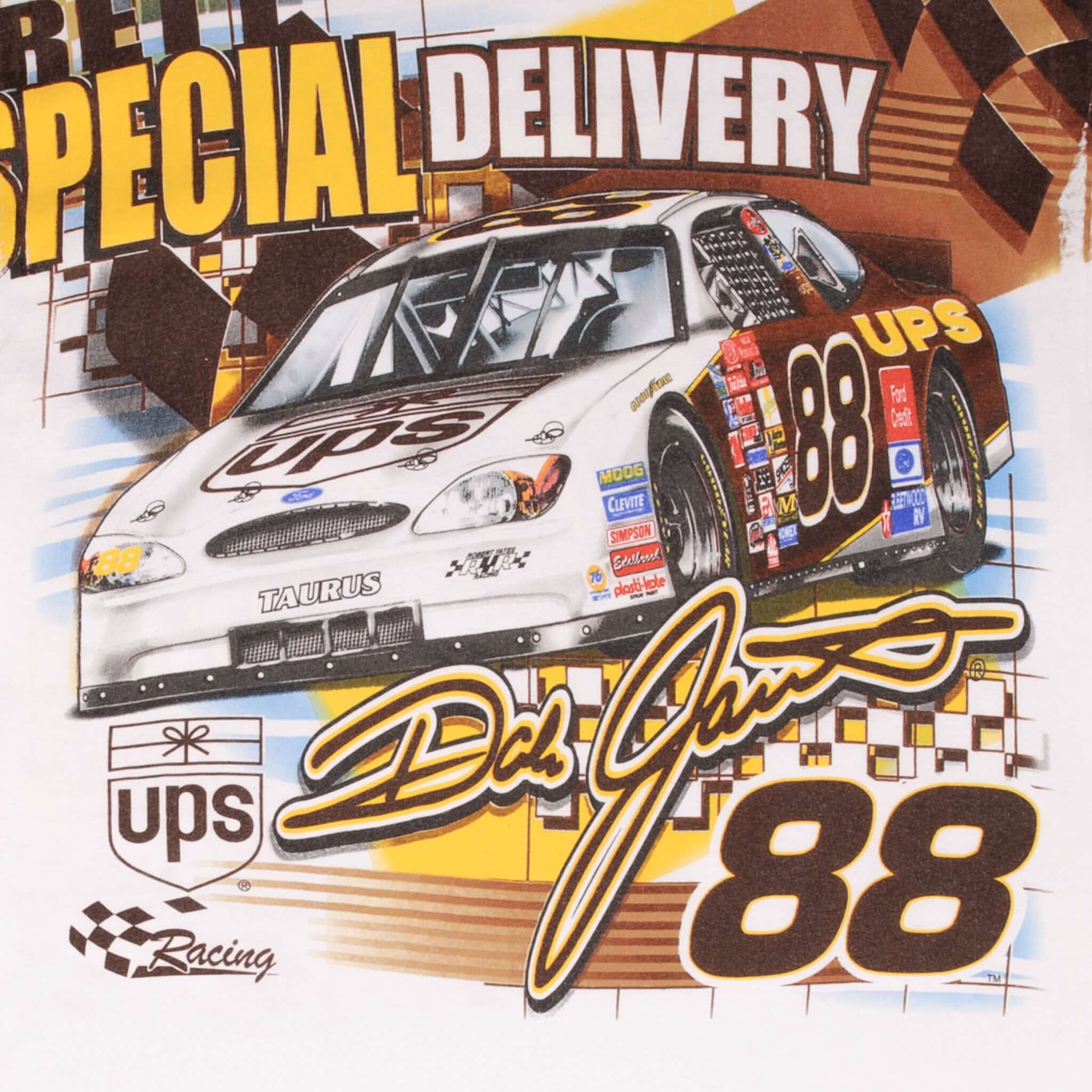 Vintage Nascar Dale Jarret Ups #88 Special Delivery All Over Print Early 2000S Tee Shirt Size Large
