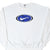 Front of white Nike sweatshirt with a large white Swoosh in a blue and black oval chest graphic